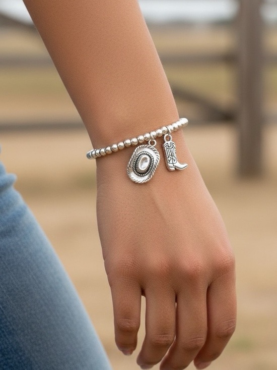 Jewelry - Silver Beaded Boot & Cowboy Hat Charm Bracelet Cowgirl Rodeo Country Western
